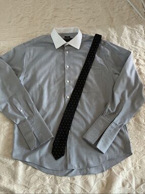 ALFRED SUNG Grey Dress Shirt with White Contrast Collar